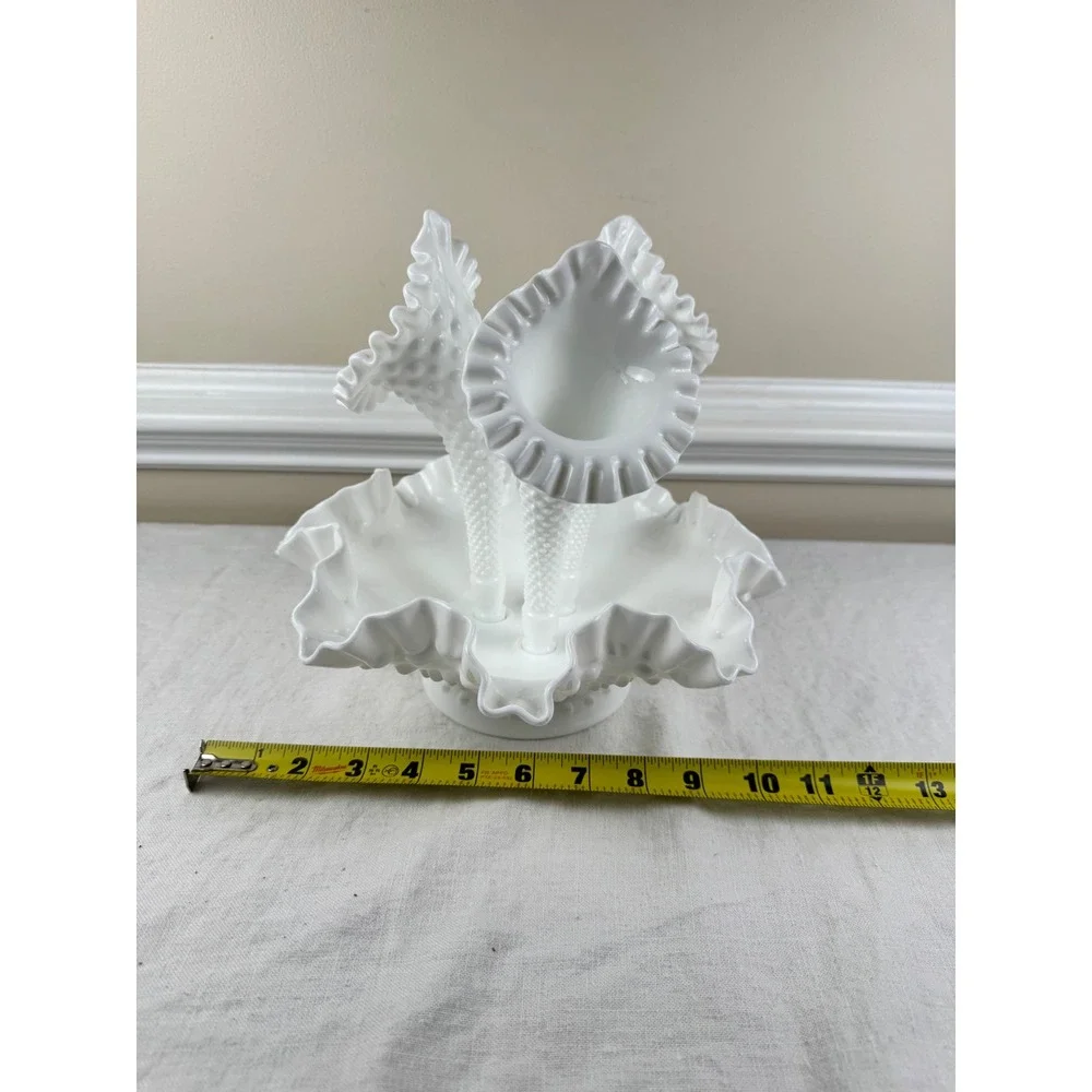 Fenton White Milk Glass Hobnail 3-Horn Epergne Ruffled Centerpiece Vase 4-Piece